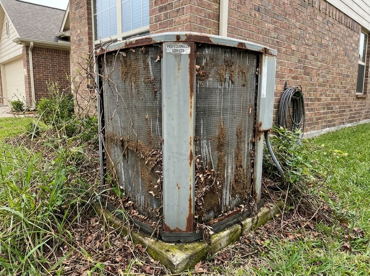Neglected, grimy AC condenser before service