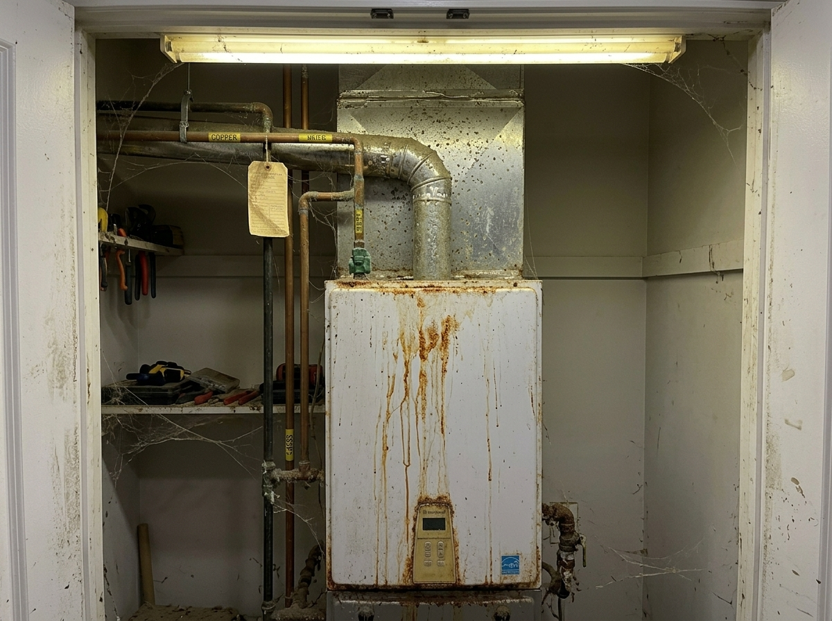 Dusty, neglected furnace before maintenance